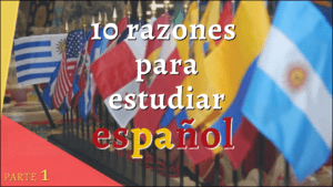 w tle flagi państw hiszpańskojęzycznych, sphrodzu napis po hiszpańsku: 10 powodów, dla których warto uczyć się hiszpańskiego